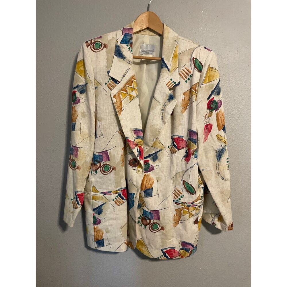 Vintage Reflections Womens Blazer 16 Petite Colorful Abstract Linen Blend Artsy